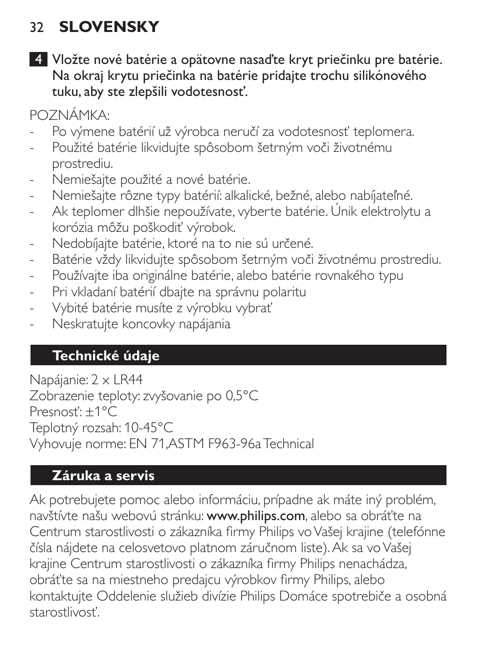 Technické údaje, Záruka a servis | Philips SCH550 User Manual | Page 32 / 40