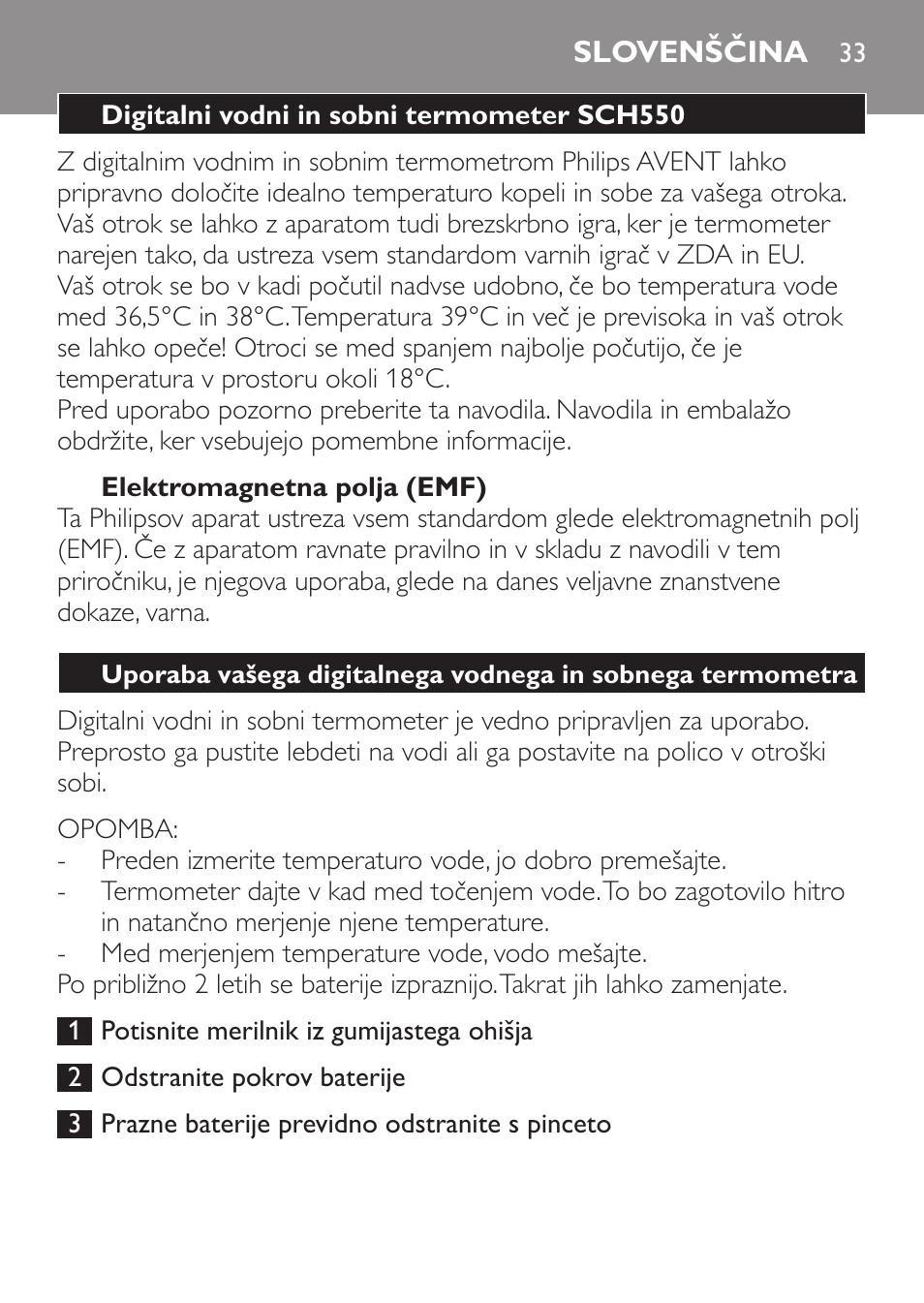 Slovenščina, Digitalni vodni in sobni termometer sch550, Elektromagnetna polja (emf) | Philips SCH550 User Manual | Page 33 / 40