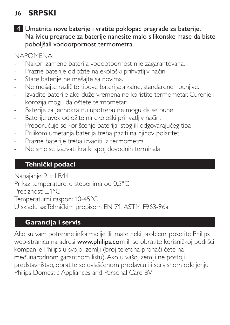 Tehnički podaci, Garancija i servis | Philips SCH550 User Manual | Page 36 / 40