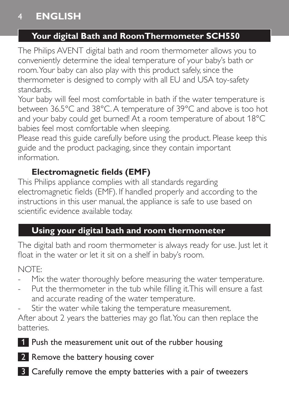 English, Your digital bath and roomthermometer sch550, Electromagnetic fields (emf) | Using your digital bath and room thermometer | Philips SCH550 User Manual | Page 4 / 40