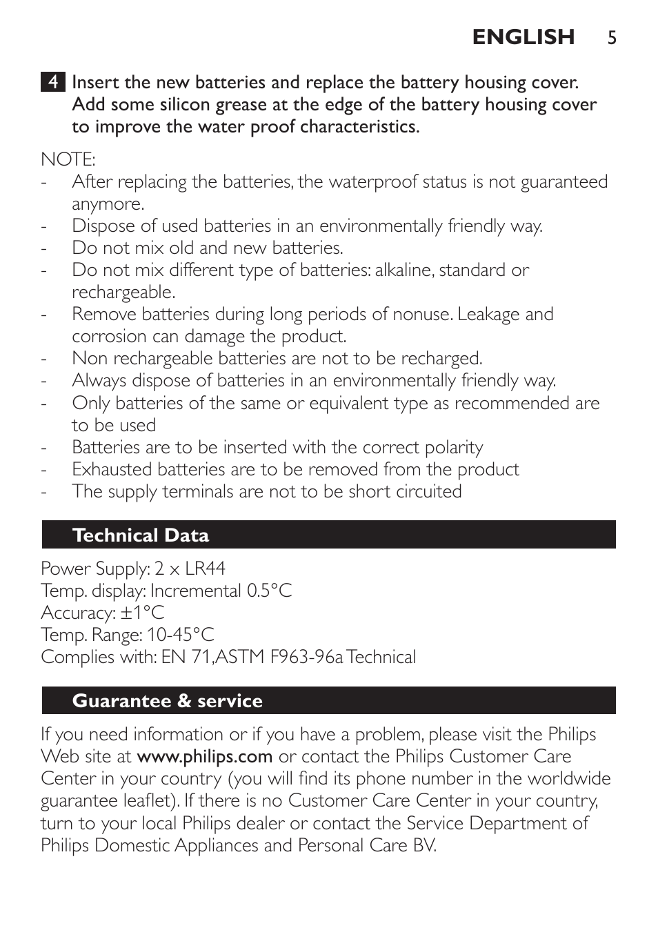 Technical data, Guarantee & service | Philips SCH550 User Manual | Page 5 / 40