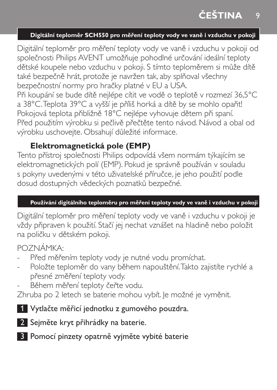 Čeština, Elektromagnetická pole (emp) | Philips SCH550 User Manual | Page 9 / 40