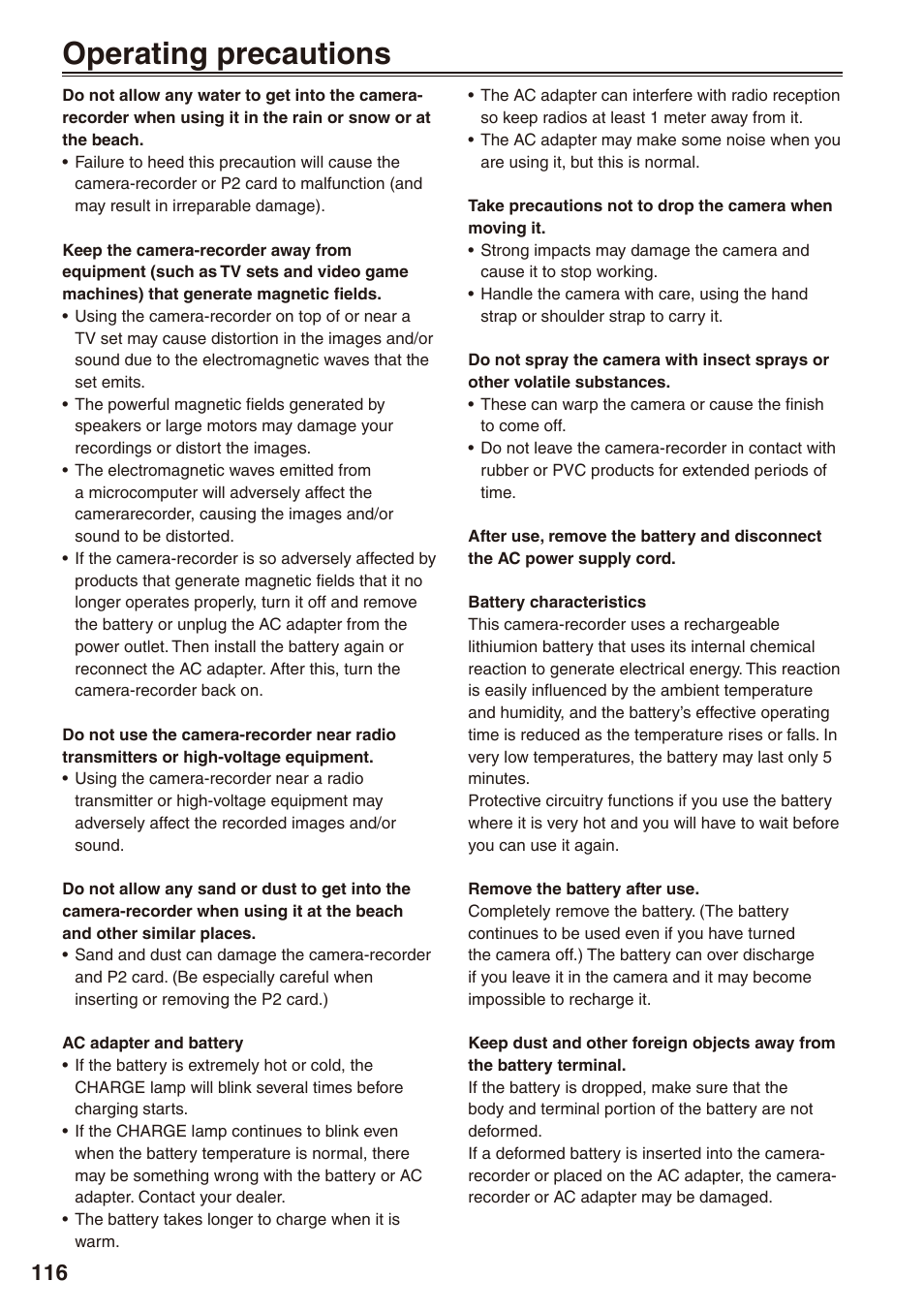 Operating precautions | Philips P2HD AG-HPX170P User Manual | Page 116 / 128