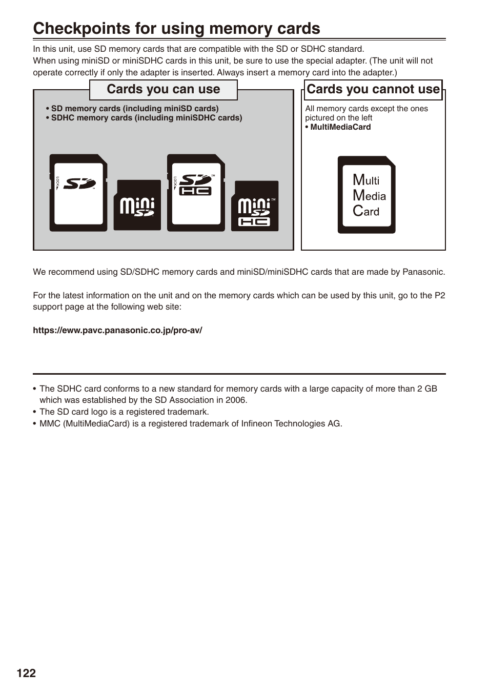 Checkpoints for using memory cards, Cards you can use, Cards you cannot use | Philips P2HD AG-HPX170P User Manual | Page 122 / 128