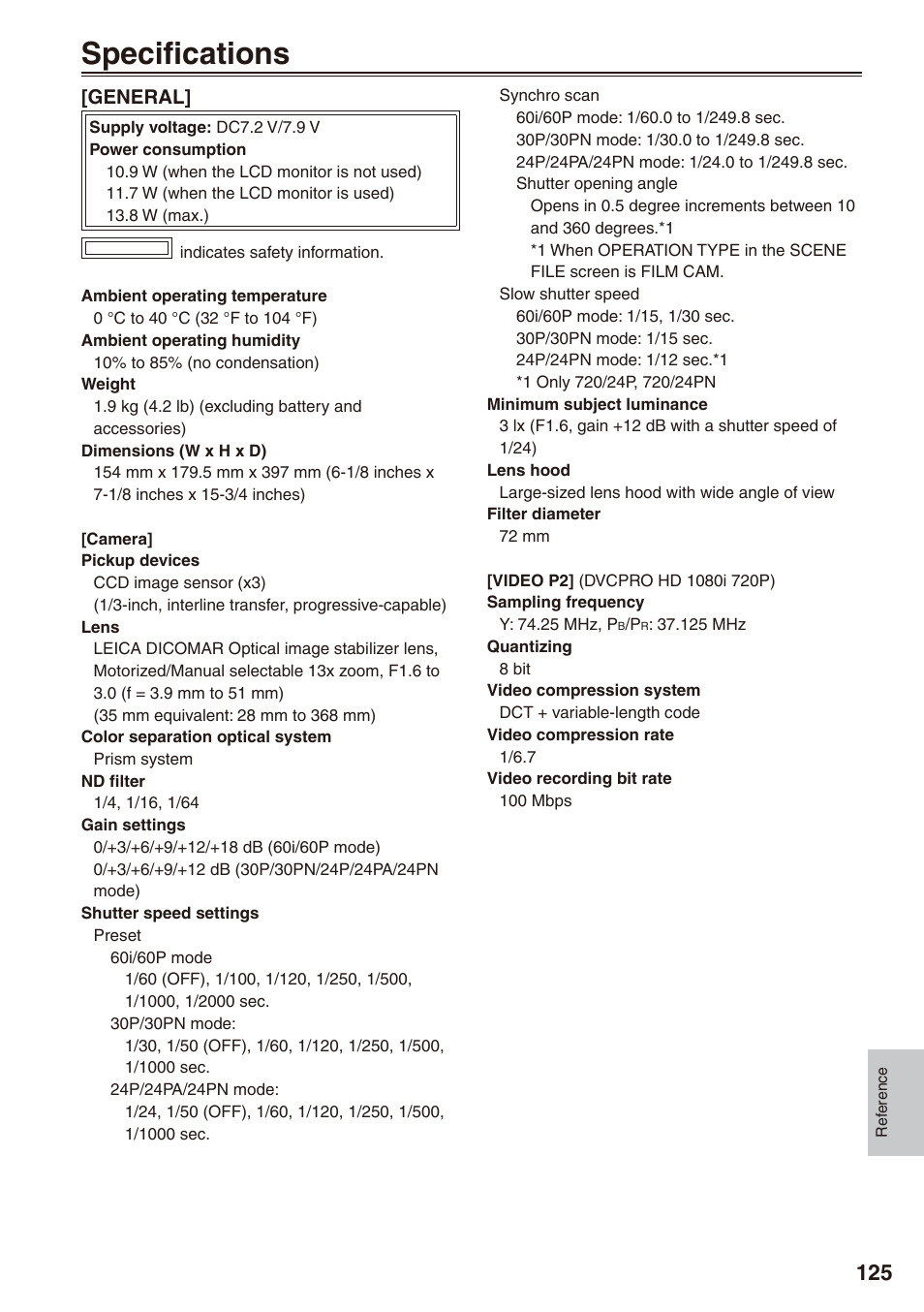 Specifications | Philips P2HD AG-HPX170P User Manual | Page 125 / 128