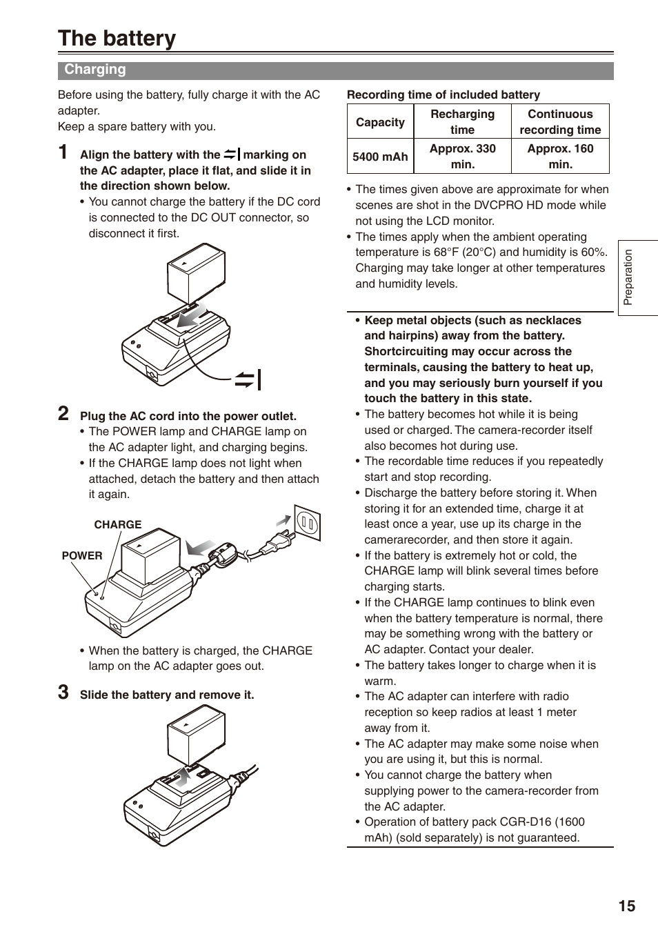 Preparation, The battery, Charging | Philips P2HD AG-HPX170P User Manual | Page 15 / 128