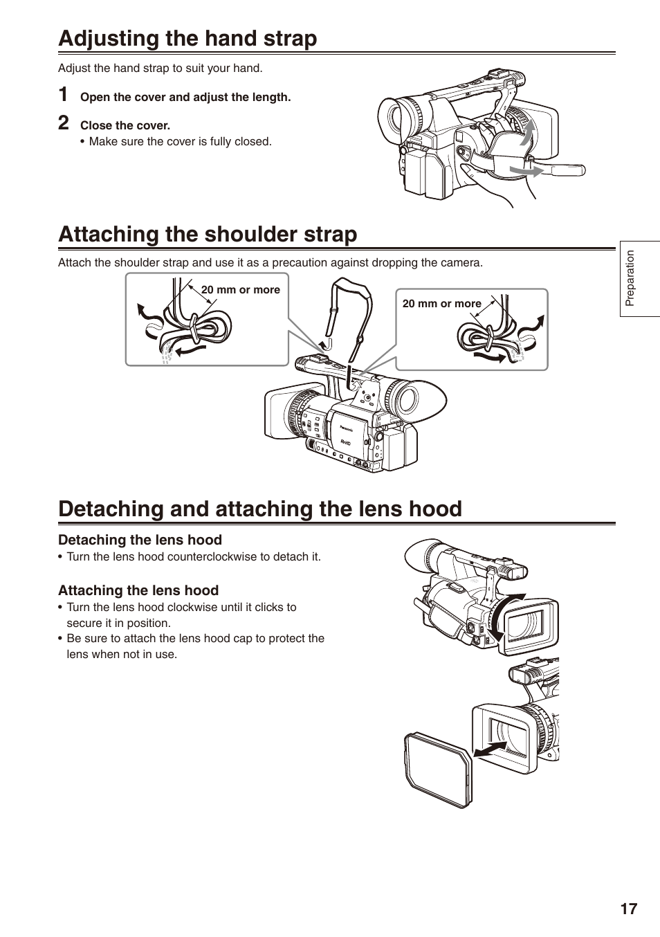 Adjusting the hand strap, Attaching the shoulder strap, Detaching and attaching the lens hood | Philips P2HD AG-HPX170P User Manual | Page 17 / 128