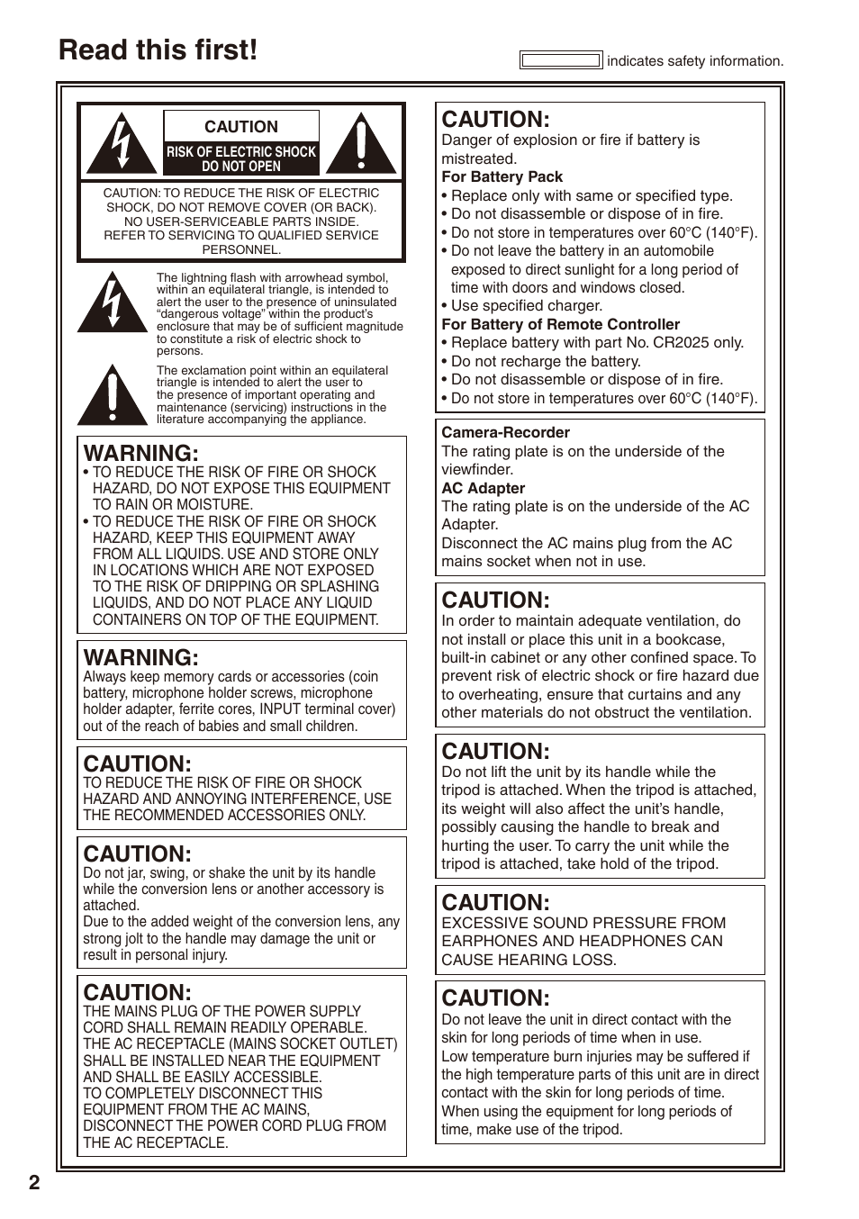 Read this first, Warning, Caution | Philips P2HD AG-HPX170P User Manual | Page 2 / 128