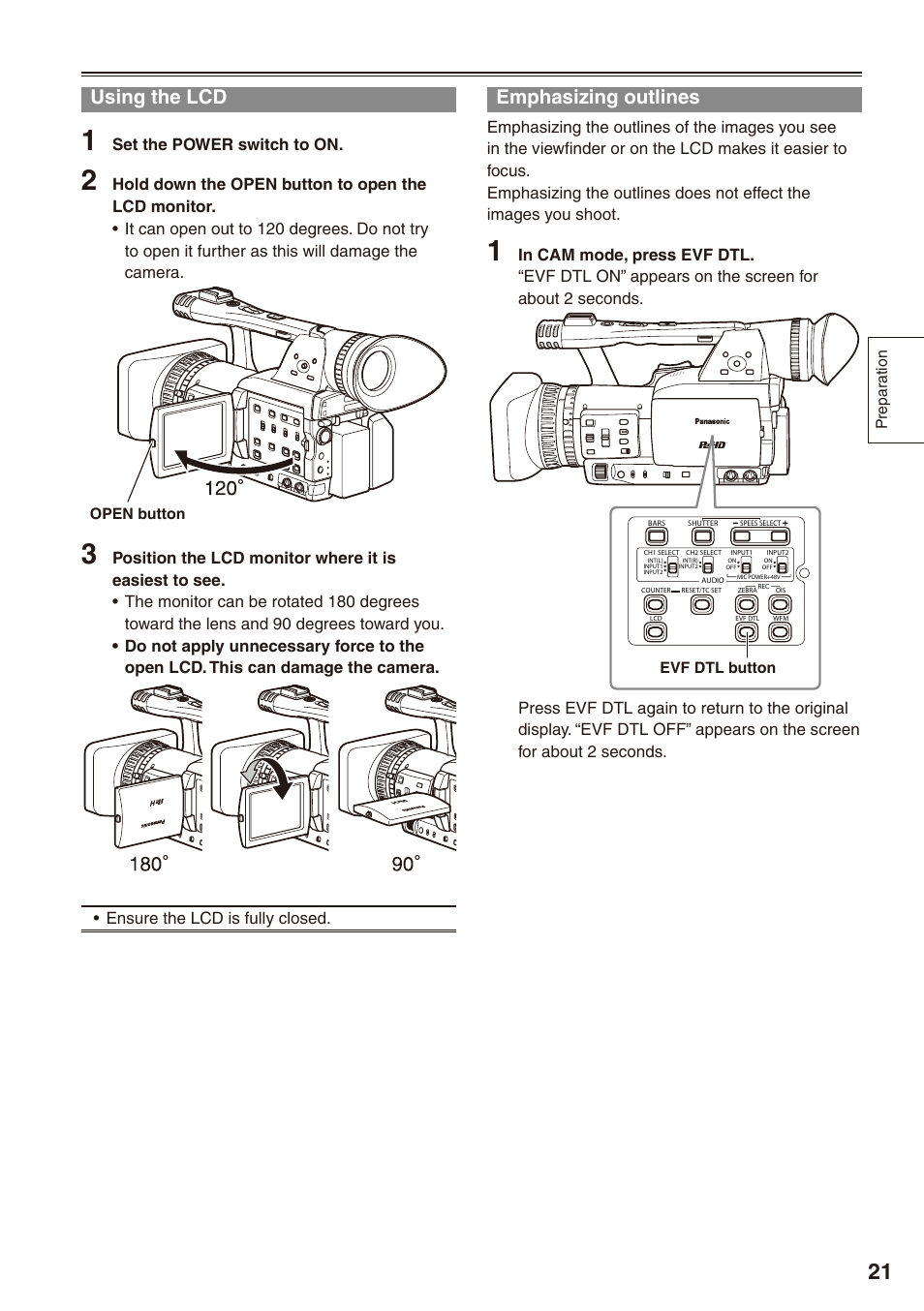 Using the lcd, Emphasizing outlines, Using the lcd emphasizing outlines | Set the power switch to on | Philips P2HD AG-HPX170P User Manual | Page 21 / 128