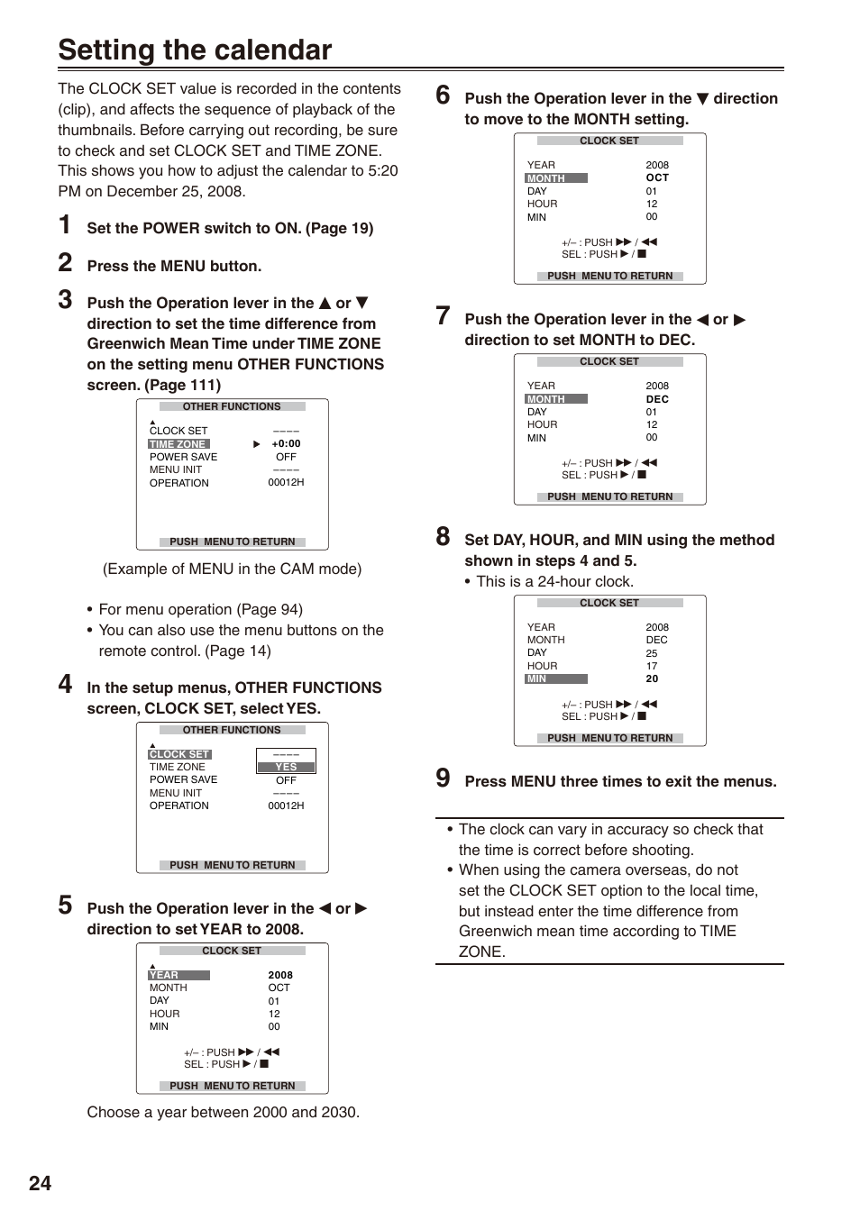 Setting the calendar | Philips P2HD AG-HPX170P User Manual | Page 24 / 128