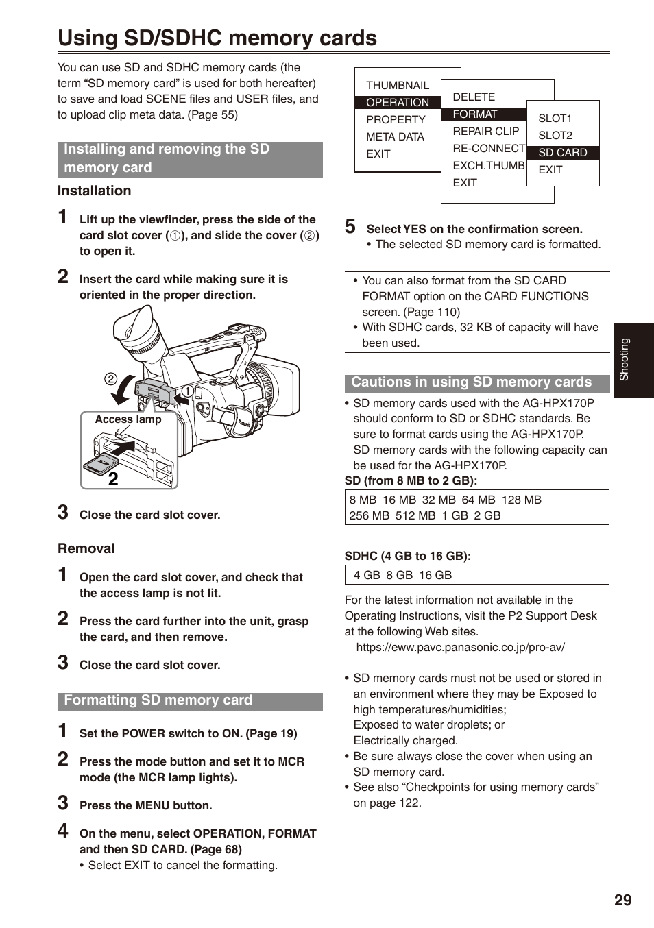 Using sd/sdhc memory cards, Installing and removing the sd memory card, Formatting sd memory card | Cautions in using sd memory cards, Installing and removing, The sd memory card, And 29 | Philips P2HD AG-HPX170P User Manual | Page 29 / 128