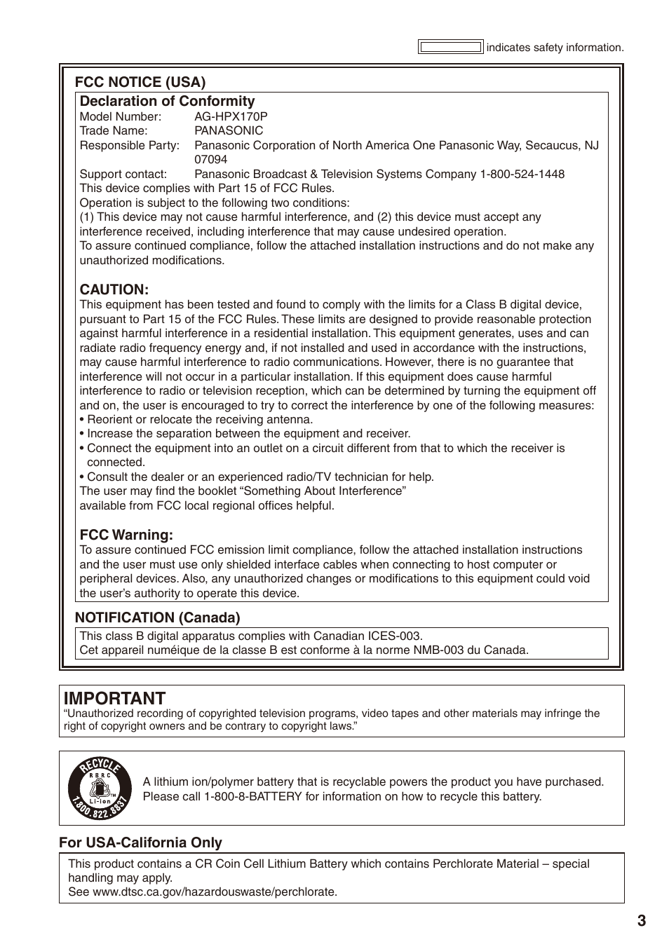 Important | Philips P2HD AG-HPX170P User Manual | Page 3 / 128