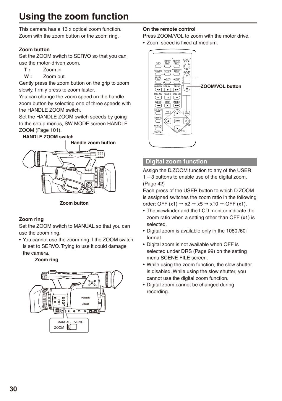 Using the zoom function, Digital zoom function, Zoom/vol button | Handle zoom switch handle zoom button zoom button, Zoom ring | Philips P2HD AG-HPX170P User Manual | Page 30 / 128