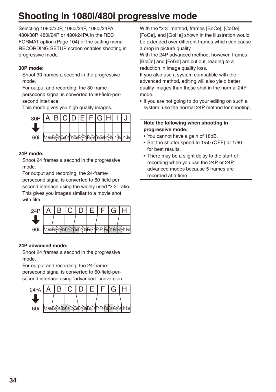 Shooting in 1080i/480i progressive mode | Philips P2HD AG-HPX170P User Manual | Page 34 / 128