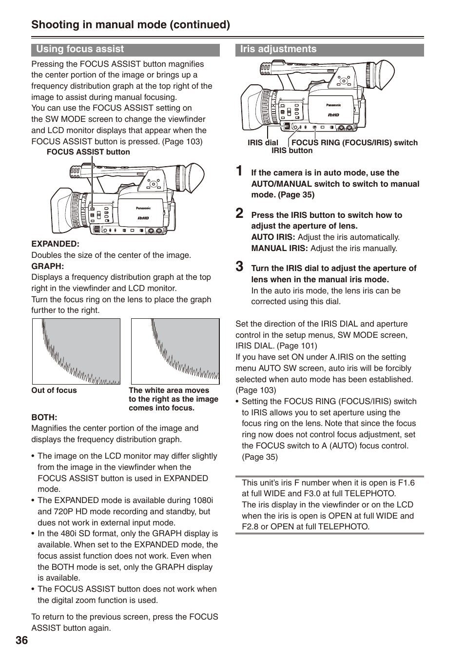 Using focus assist, Iris adjustments, Using focus assist iris adjustments | Shooting in manual mode (continued) | Philips P2HD AG-HPX170P User Manual | Page 36 / 128