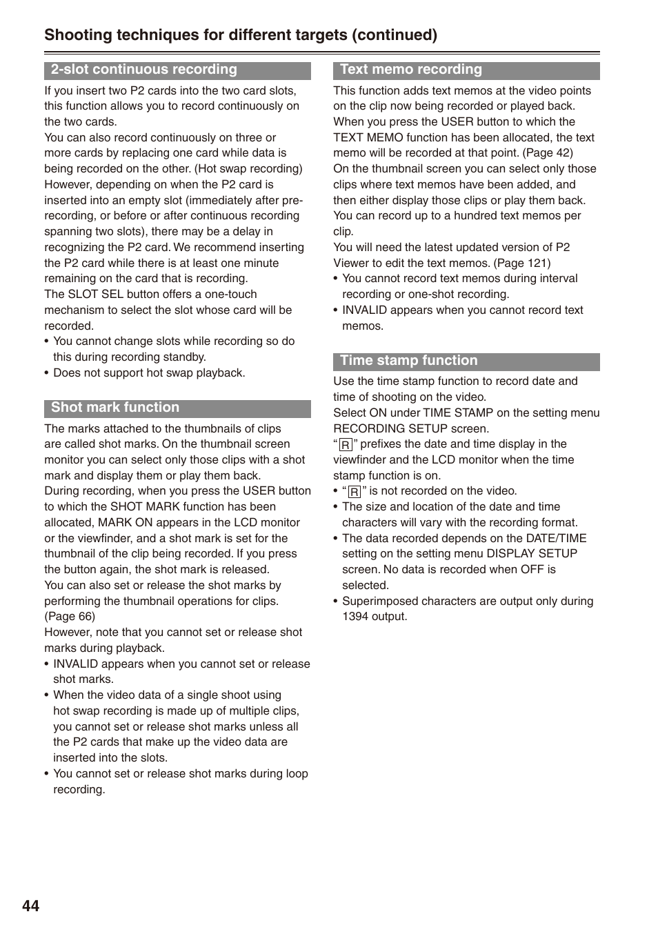 Slot continuous recording, Shot mark function, Text memo recording | Time stamp function | Philips P2HD AG-HPX170P User Manual | Page 44 / 128