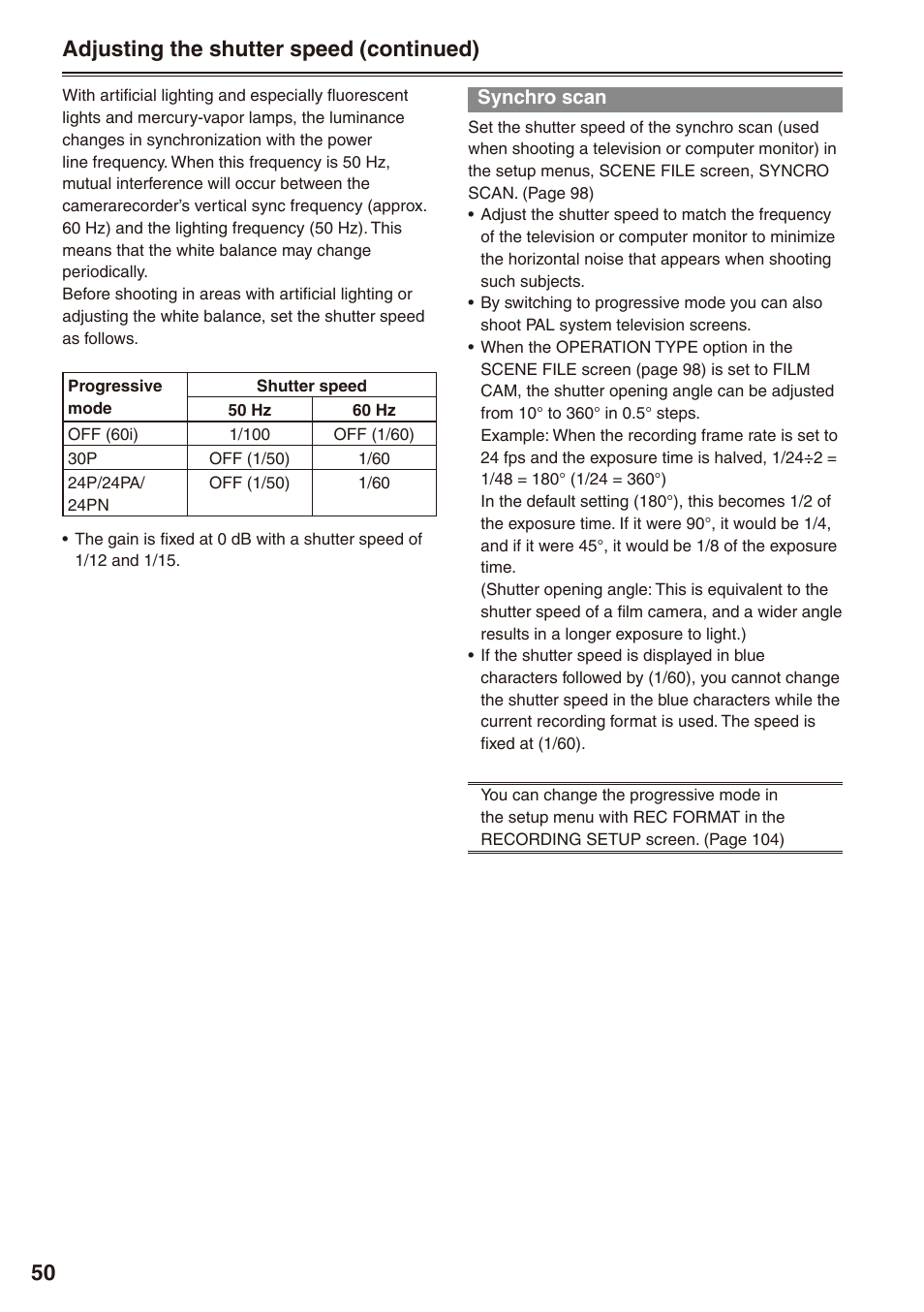 Synchro scan, Adjusting the shutter speed (continued) | Philips P2HD AG-HPX170P User Manual | Page 50 / 128