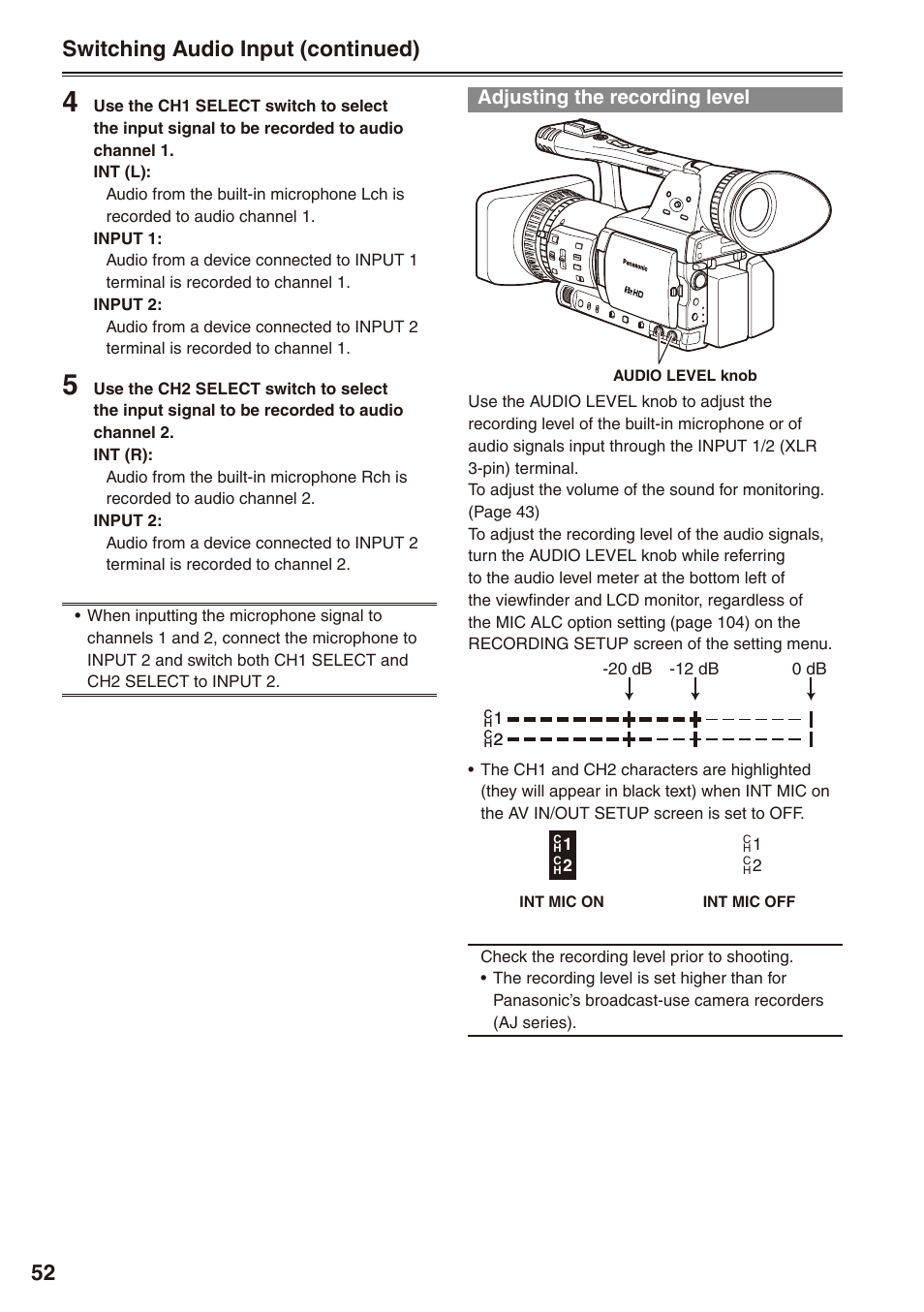 Adjusting the recording level, Switching audio input (continued) | Philips P2HD AG-HPX170P User Manual | Page 52 / 128