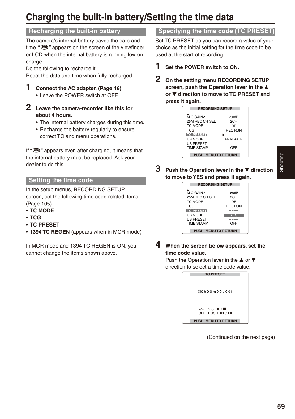 Recharging the built-in battery, Setting the time code, Specifying the time code (tc preset) | Charging the built-in battery | Philips P2HD AG-HPX170P User Manual | Page 59 / 128