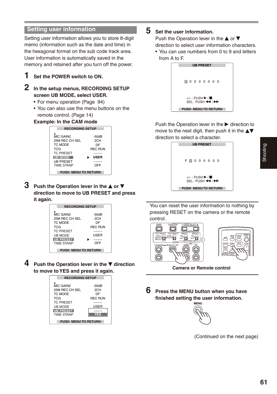 Setting user information, Set the power switch to on, Continued on the next page) | Shooting, Camera or remote control | Philips P2HD AG-HPX170P User Manual | Page 61 / 128