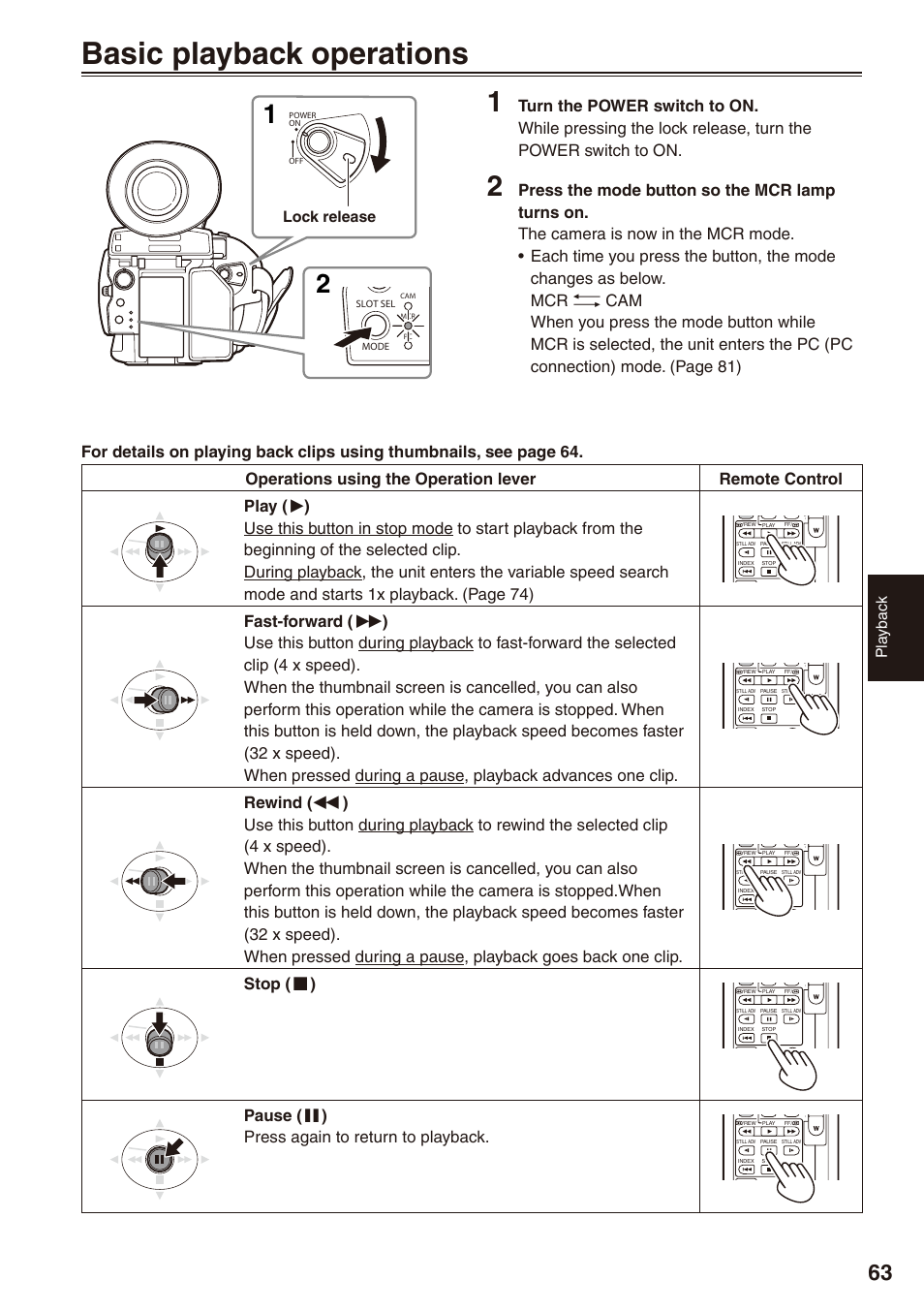 Playback, Basic playback operations, 63 and | Stop ( g ), Pause ( h ) press again to return to playback, Pla ybac k, Lock release | Philips P2HD AG-HPX170P User Manual | Page 63 / 128