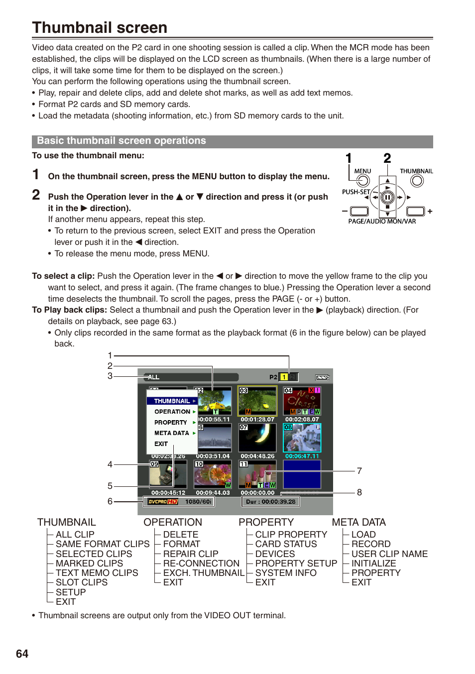 Thumbnail screen, Basic thumbnail screen operations | Philips P2HD AG-HPX170P User Manual | Page 64 / 128