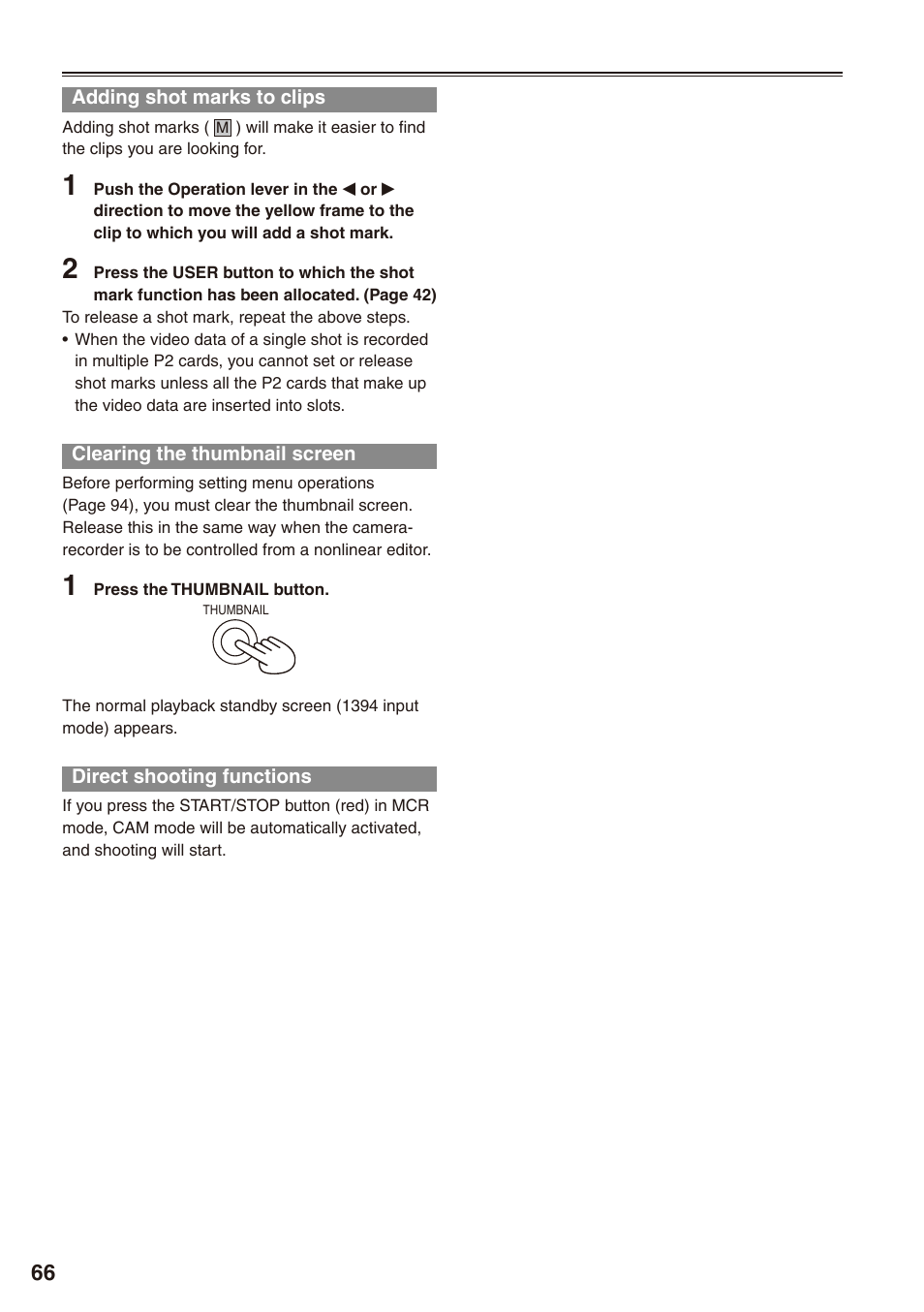 Adding shot marks to clips, Clearing the thumbnail screen, Direct shooting functions | 66) in mcr mode | Philips P2HD AG-HPX170P User Manual | Page 66 / 128