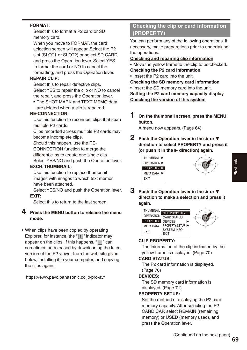 Checking the clip or card information (property), Checking the clip or card information, Property) | Philips P2HD AG-HPX170P User Manual | Page 69 / 128