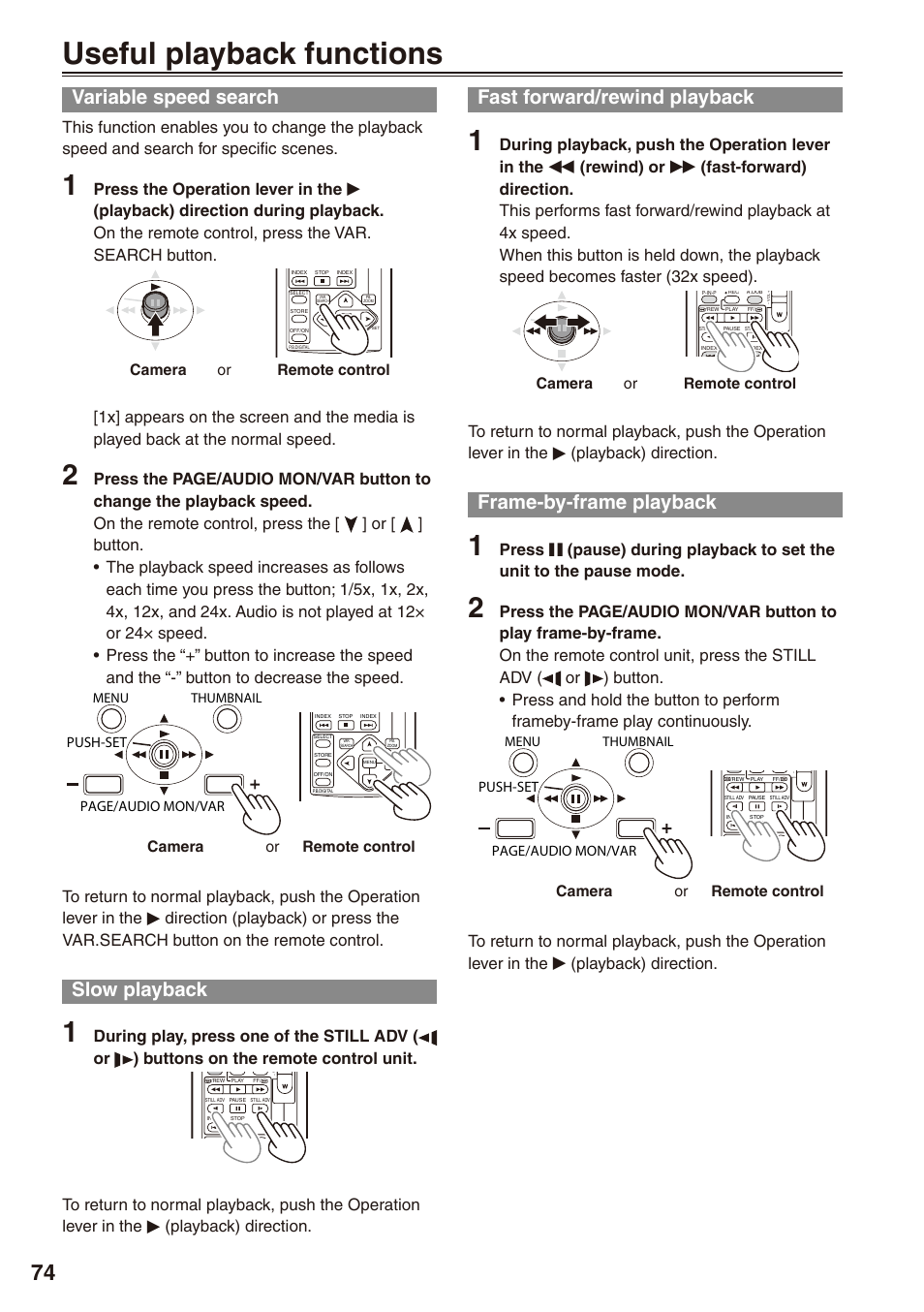 Useful playback functions, Variable speed search, Slow playback | Fast forward/rewind playback, Frame-by-frame playback, And 74, Camera or remote control, Push-set page/audio mon/var, Menu, Thumbnail | Philips P2HD AG-HPX170P User Manual | Page 74 / 128