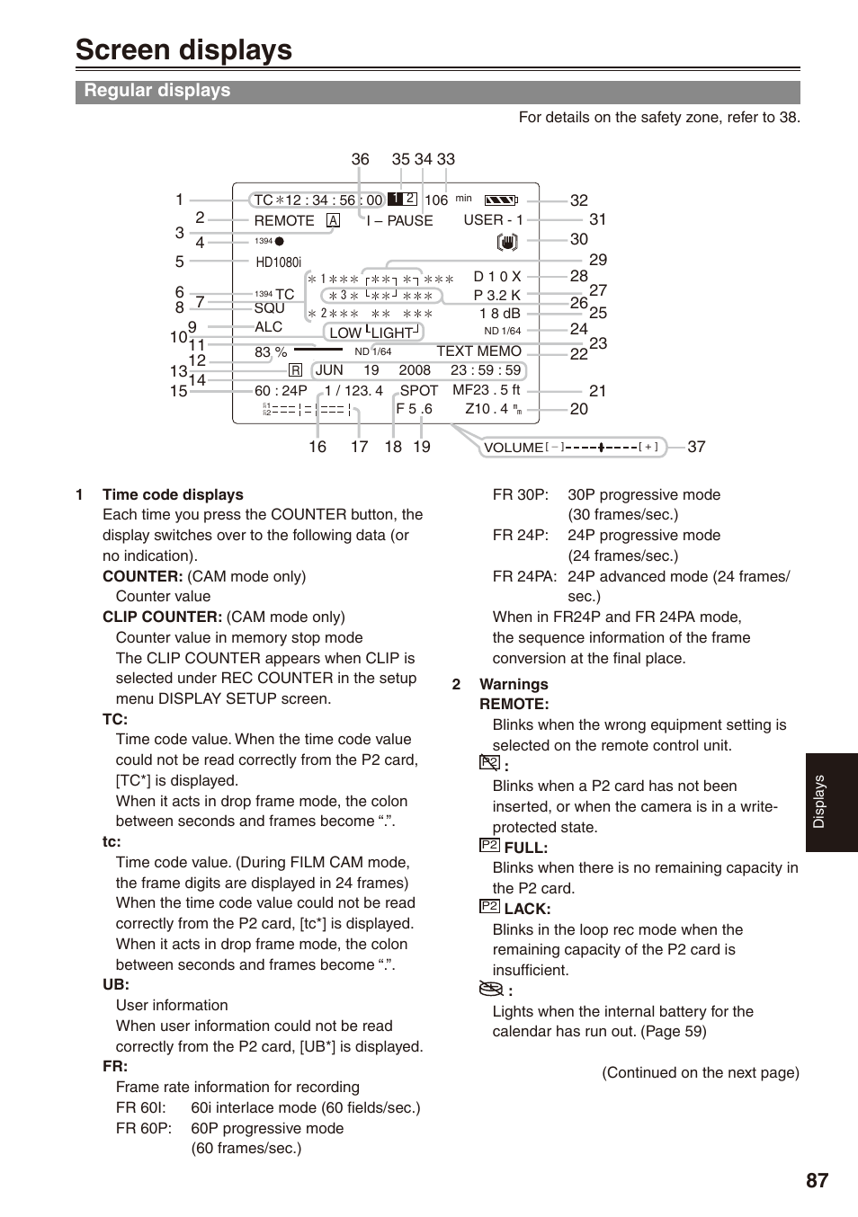 Displays, Screen displays, Regular displays | Philips P2HD AG-HPX170P User Manual | Page 87 / 128