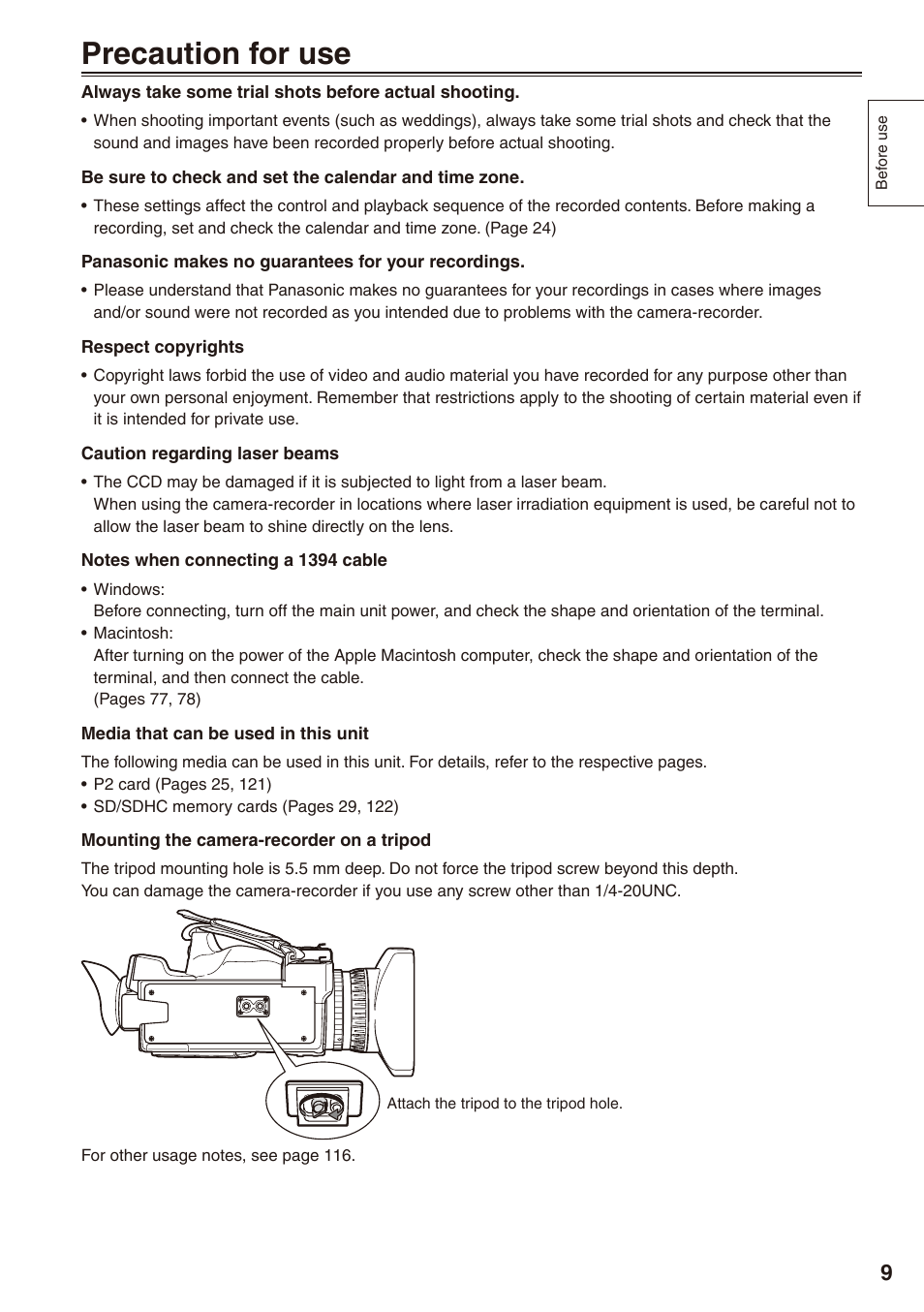 Precaution for use | Philips P2HD AG-HPX170P User Manual | Page 9 / 128