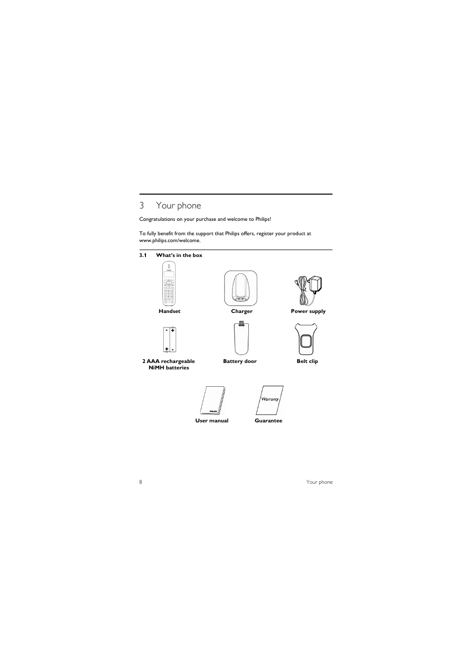 3 your phone, 1 what’s in the box, 3your phone | Philips CD 1550 User Manual | Page 10 / 26