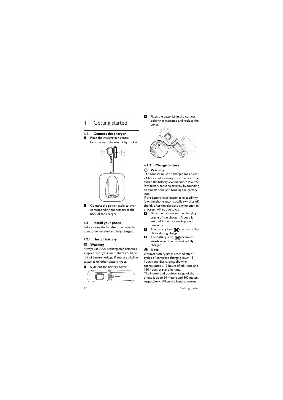 4 getting started, 1 connect the charger, 2 install your phone | 4getting started | Philips CD 1550 User Manual | Page 14 / 26