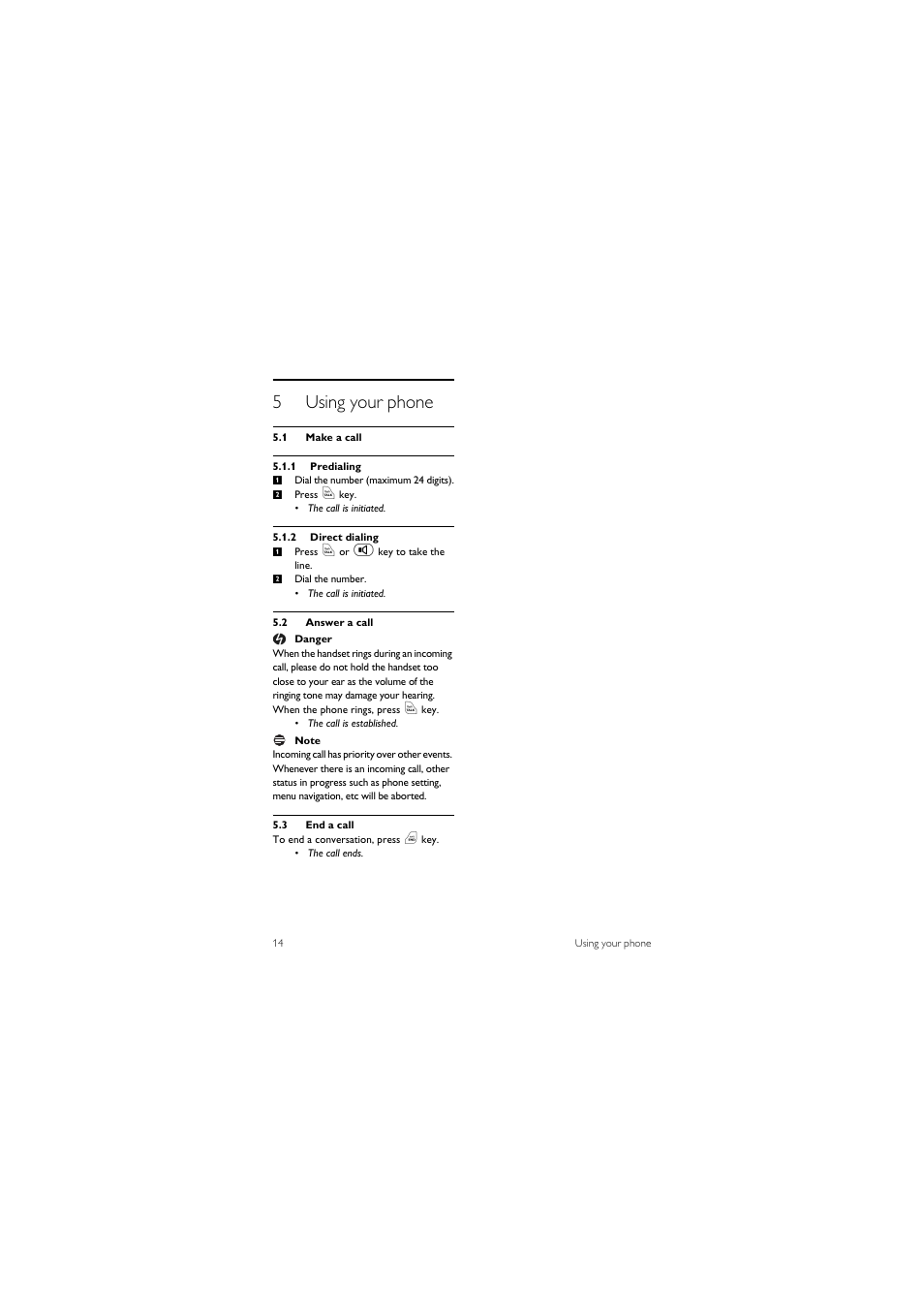 5 using your phone, 1 make a call, 2 answer a call | 3 end a call, 5using your phone | Philips CD 1550 User Manual | Page 16 / 26