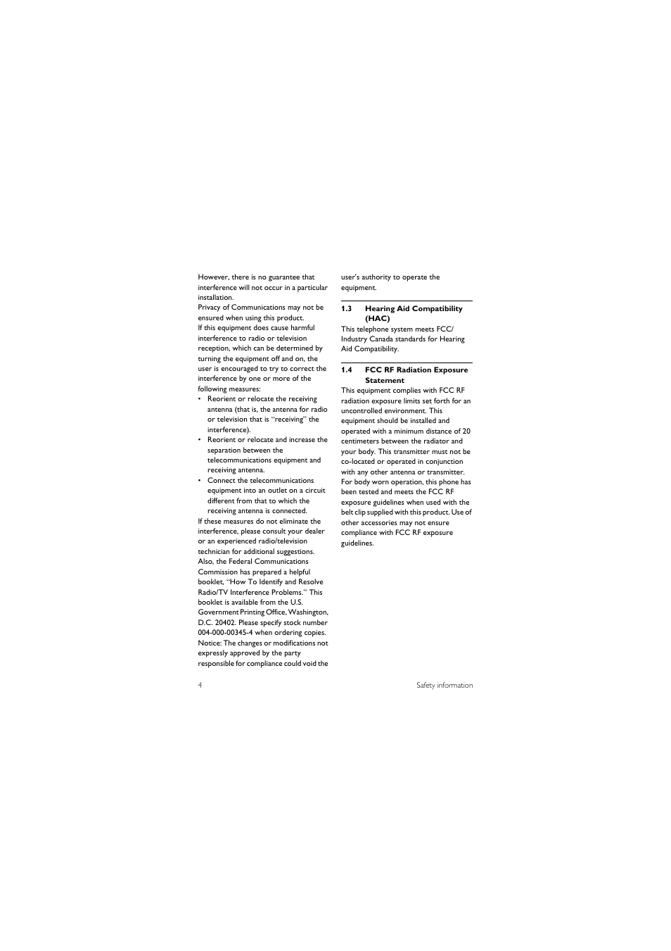 3 hearing aid compatibility (hac), 4 fcc rf radiation exposure statement | Philips CD 1550 User Manual | Page 6 / 26