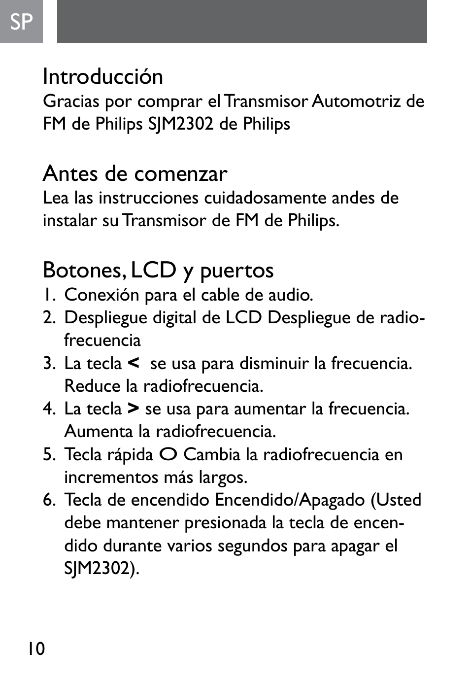 Sp introducción, Antes de comenzar, Botones, lcd y puertos | Philips SJM2302 User Manual | Page 10 / 24