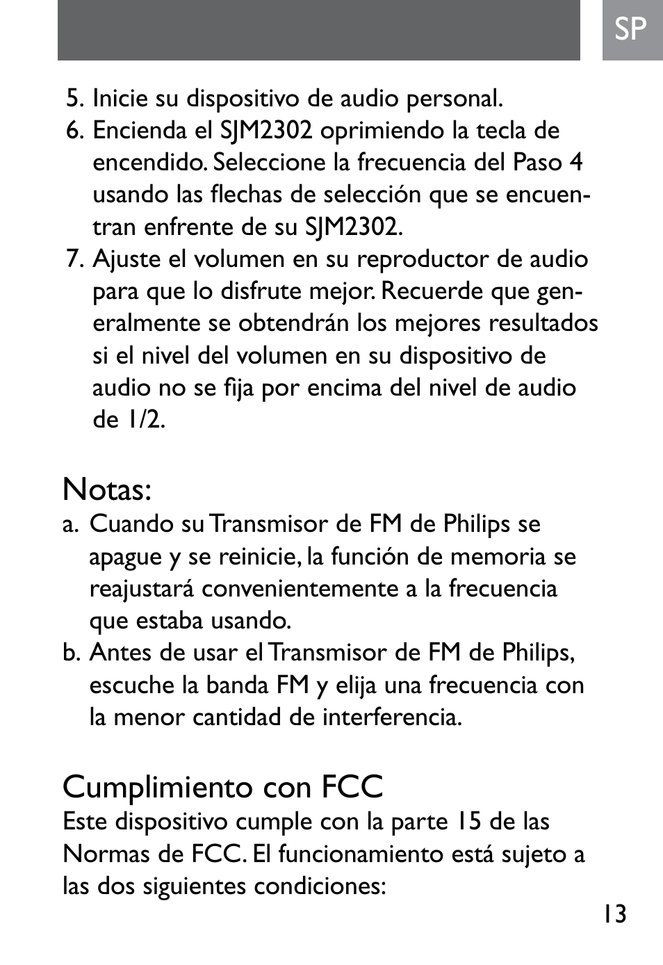 Notas, Cumplimiento con fcc | Philips SJM2302 User Manual | Page 13 / 24