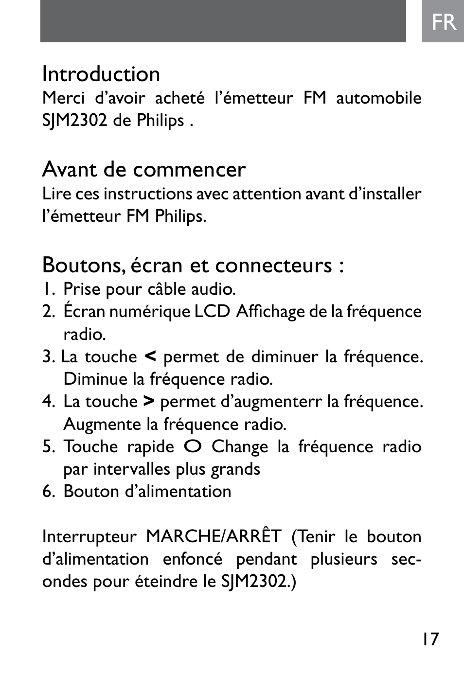 Fr introduction, Avant de commencer, Boutons, écran et connecteurs | Philips SJM2302 User Manual | Page 17 / 24