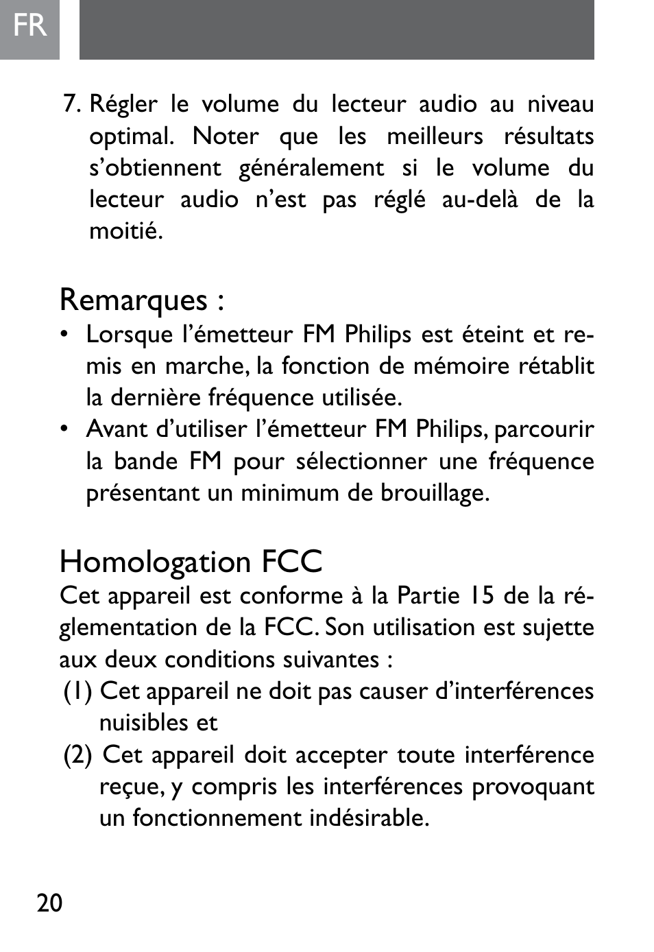 Remarques, Homologation fcc | Philips SJM2302 User Manual | Page 20 / 24