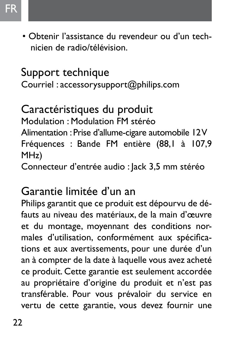 Support technique, Caractéristiques du produit, Garantie limitée d’un an | Philips SJM2302 User Manual | Page 22 / 24