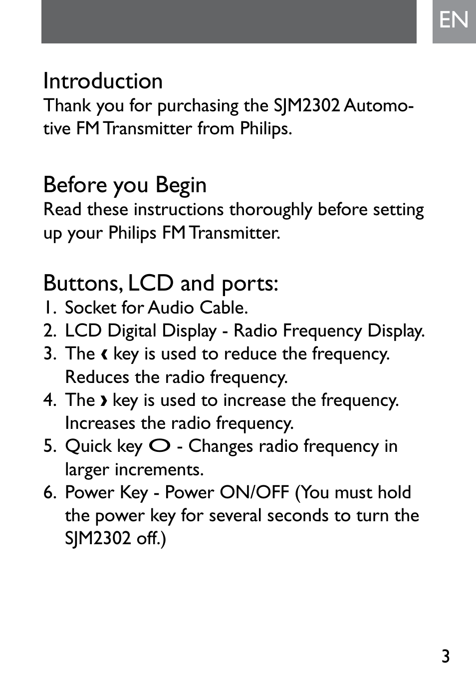 En introduction, Before you begin, Buttons, lcd and ports | Philips SJM2302 User Manual | Page 3 / 24