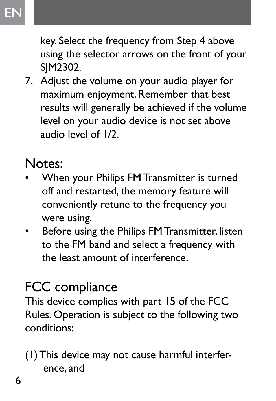 Fcc compliance | Philips SJM2302 User Manual | Page 6 / 24
