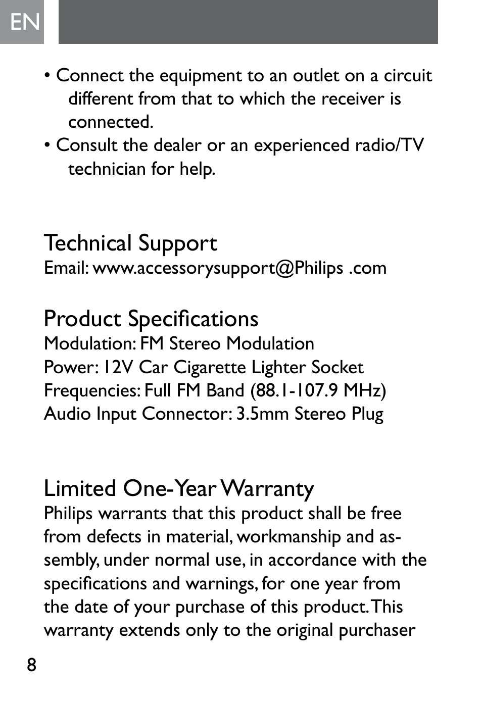 Technical support, Product specifications, Limited one-year warranty | Philips SJM2302 User Manual | Page 8 / 24