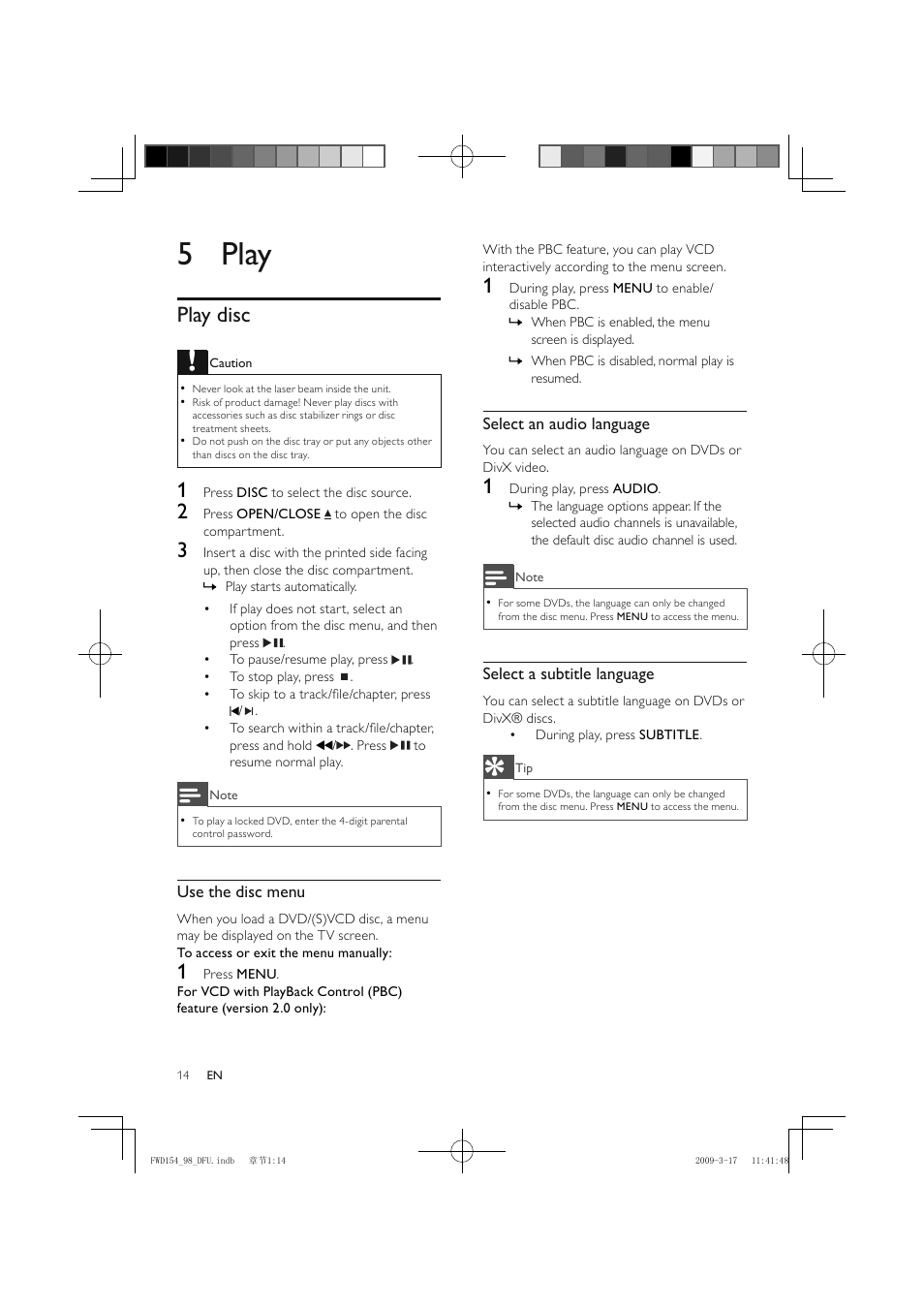 5 play, Play disc | Philips FWD154/98 User Manual | Page 15 / 32