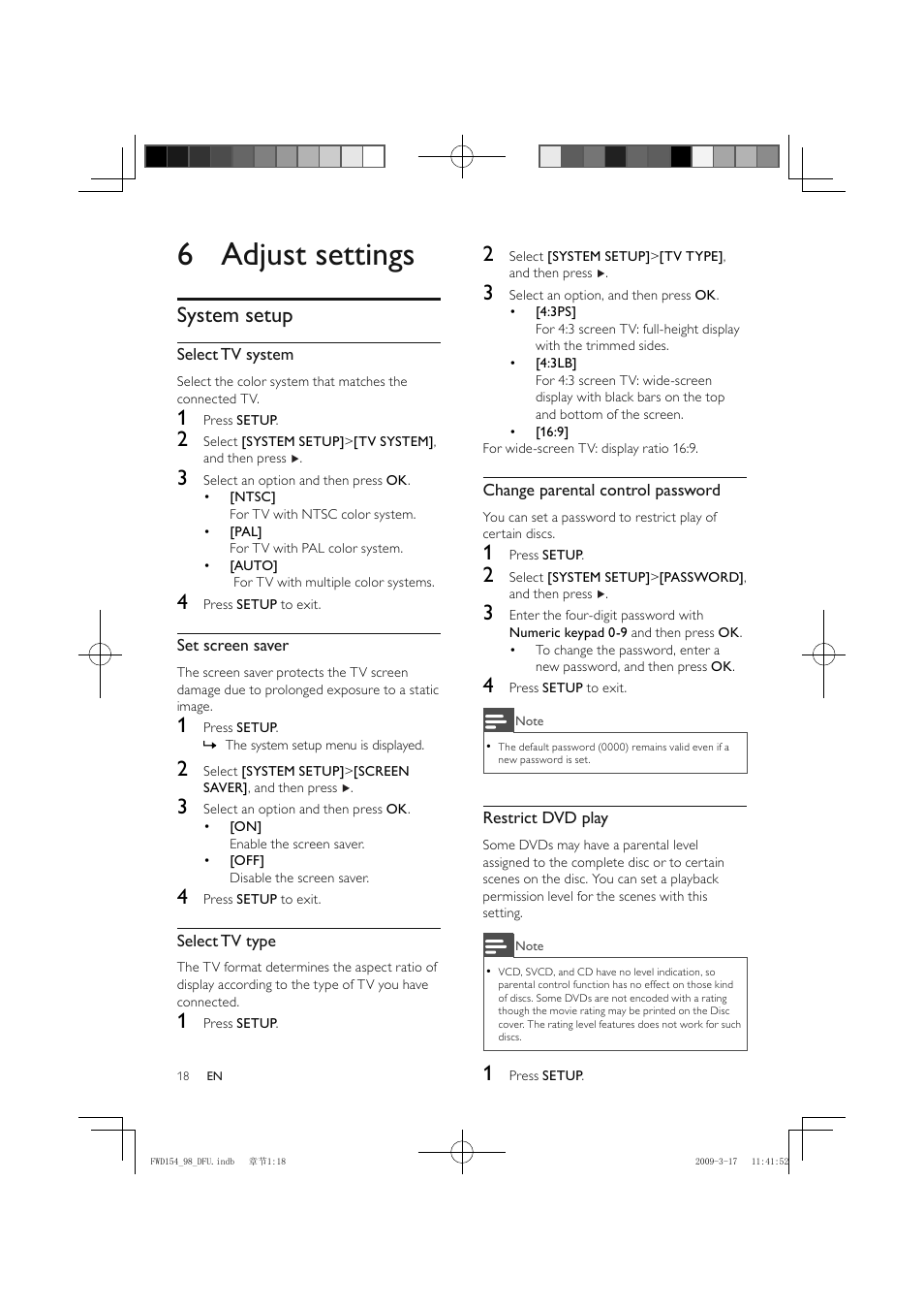 6 adjust settings, System setup | Philips FWD154/98 User Manual | Page 19 / 32