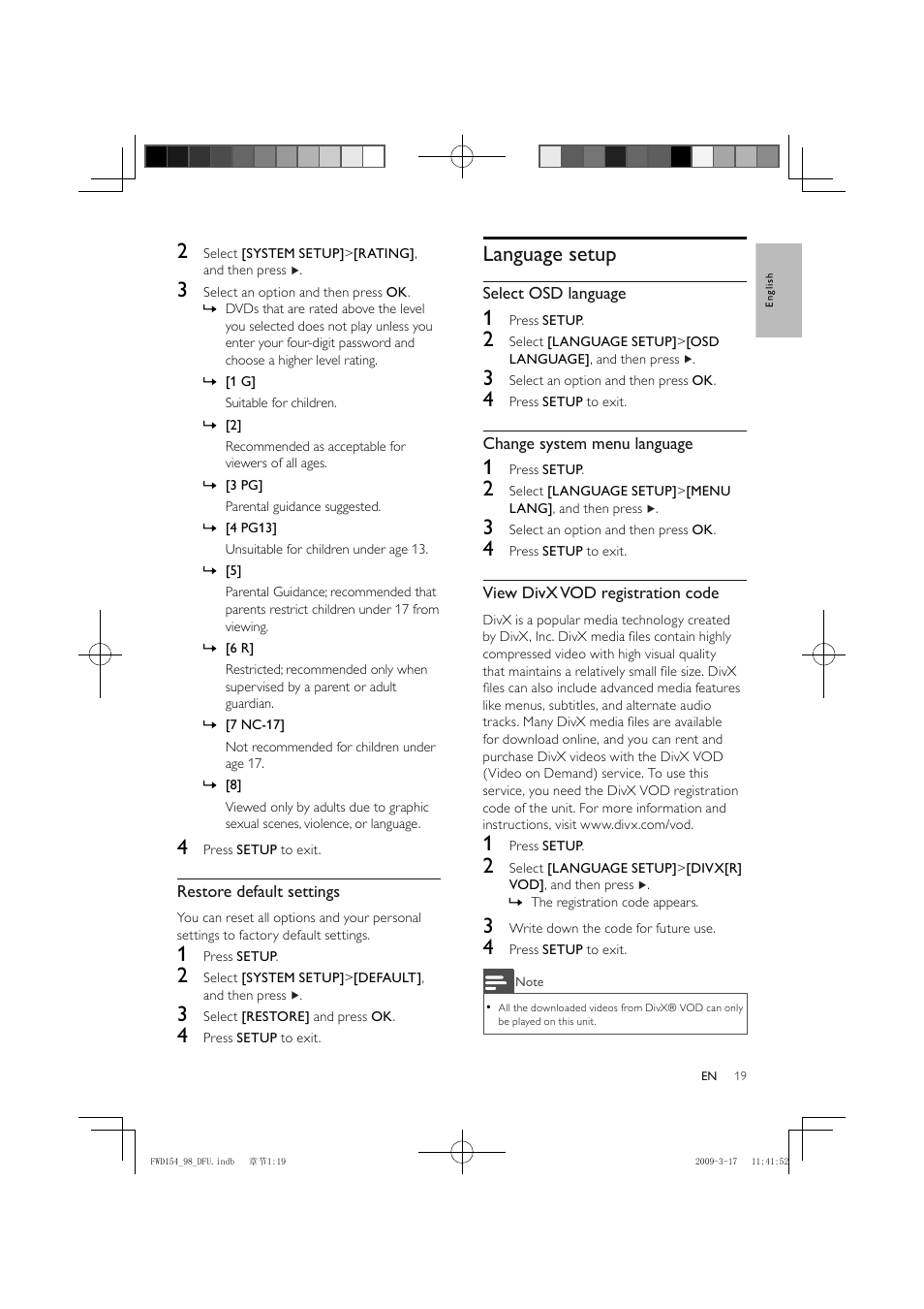 Language setup | Philips FWD154/98 User Manual | Page 20 / 32