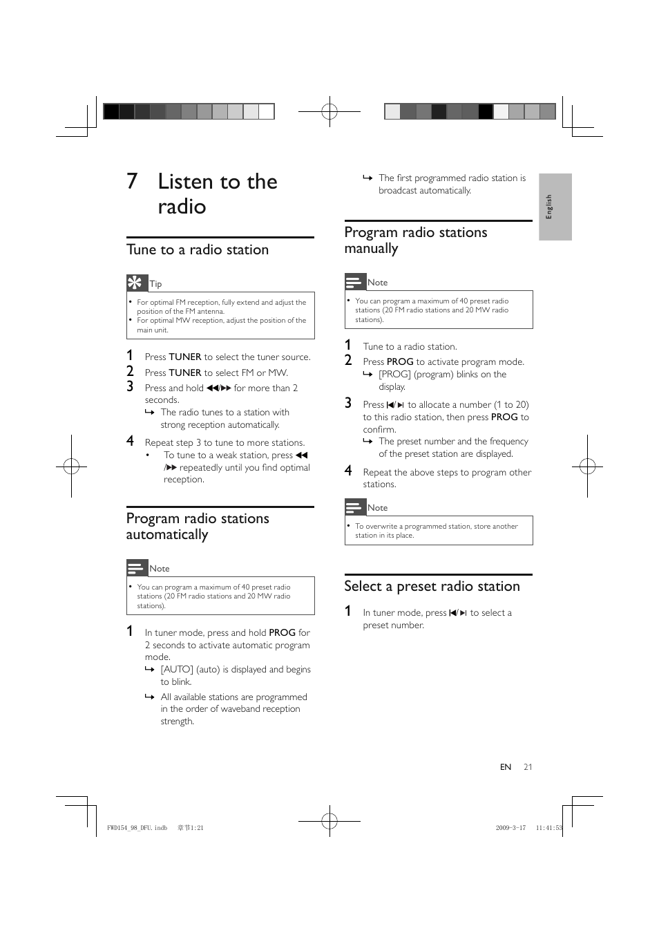 7 listen to the radio, Program radio stations manually, Select a preset radio station 1 | Tune to a radio station, Program radio stations automatically | Philips FWD154/98 User Manual | Page 22 / 32