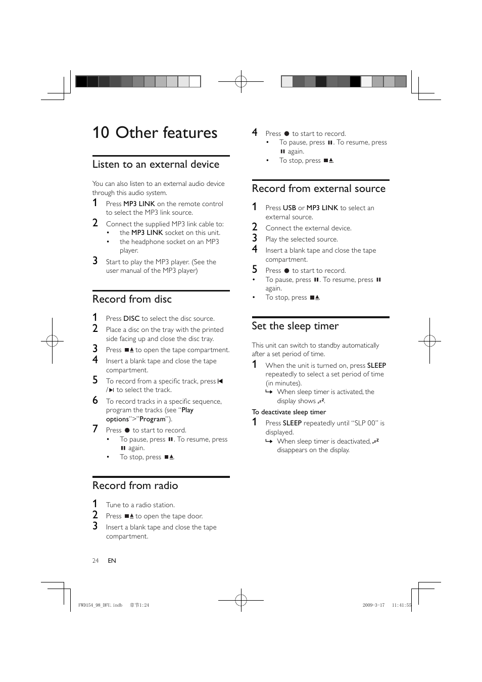 10 other features, Record from external source 1, Set the sleep timer | Listen to an external device, Record from disc 1, Record from radio 1 | Philips FWD154/98 User Manual | Page 25 / 32