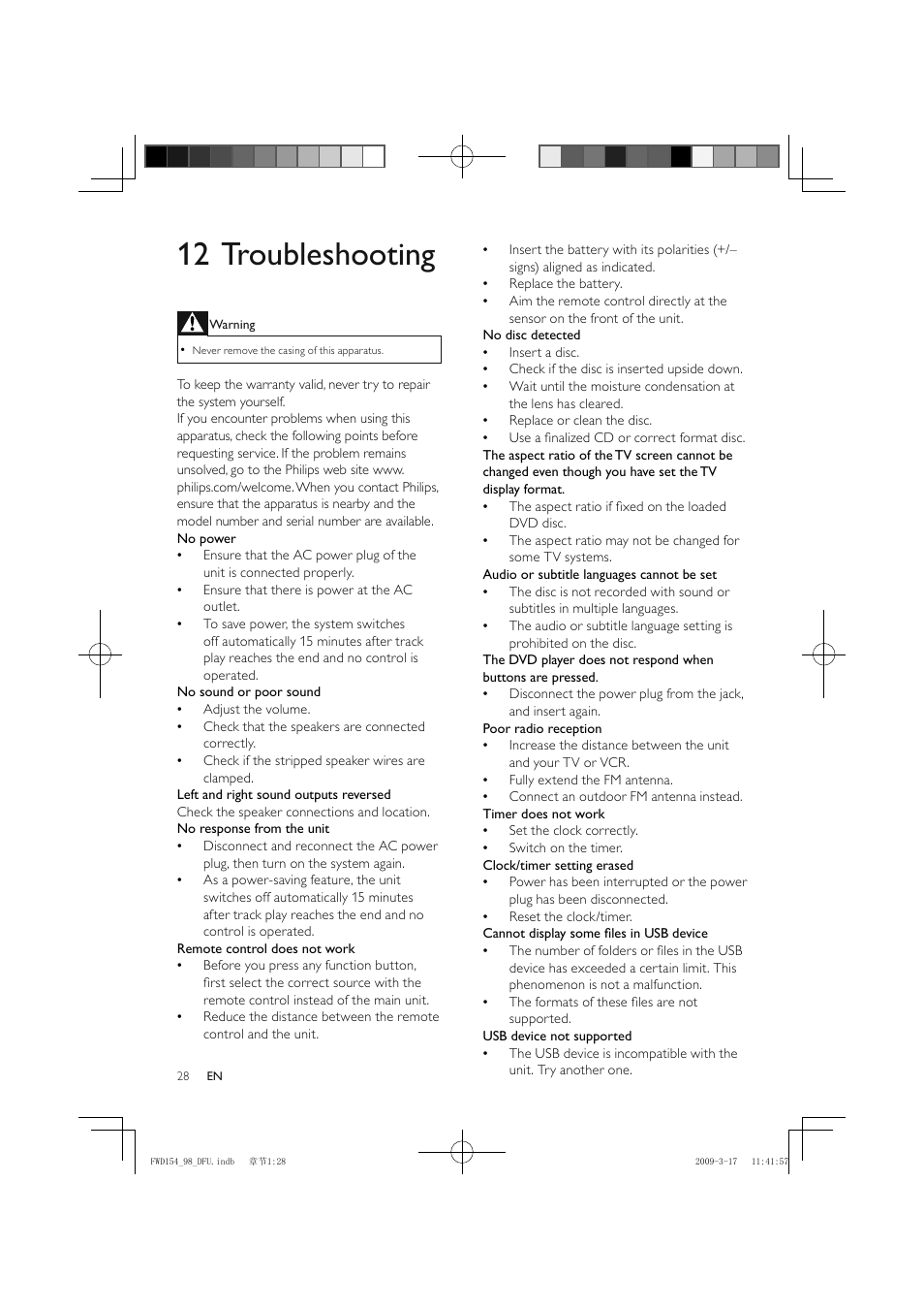 12 troubleshooting | Philips FWD154/98 User Manual | Page 29 / 32