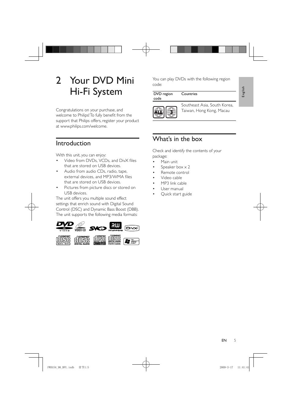 2 your dvd mini hi-fi system, Introduction, What’s in the box | Philips FWD154/98 User Manual | Page 6 / 32